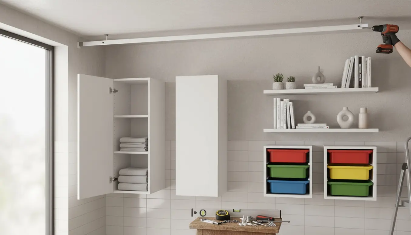 Hænder monterer gardinskinne og væghængte skabe og hylder i et lyst badeværelse.