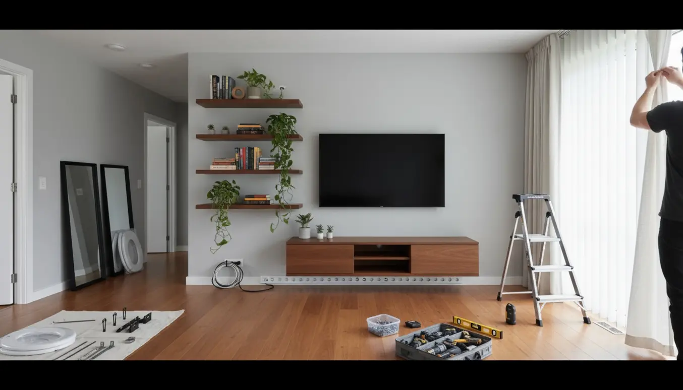 Stue og kontor med nyopsatte hylder, ophængt TV, gardiner under montering og værktøj på gulvet.