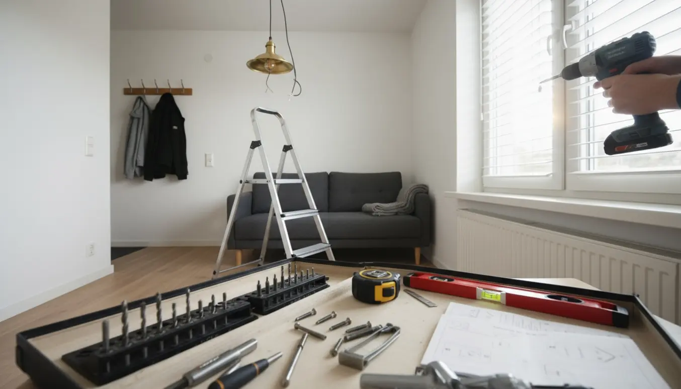Hænder monterer lamper og sætter persienner op i en lille lejlighed med værktøj på gulvet.