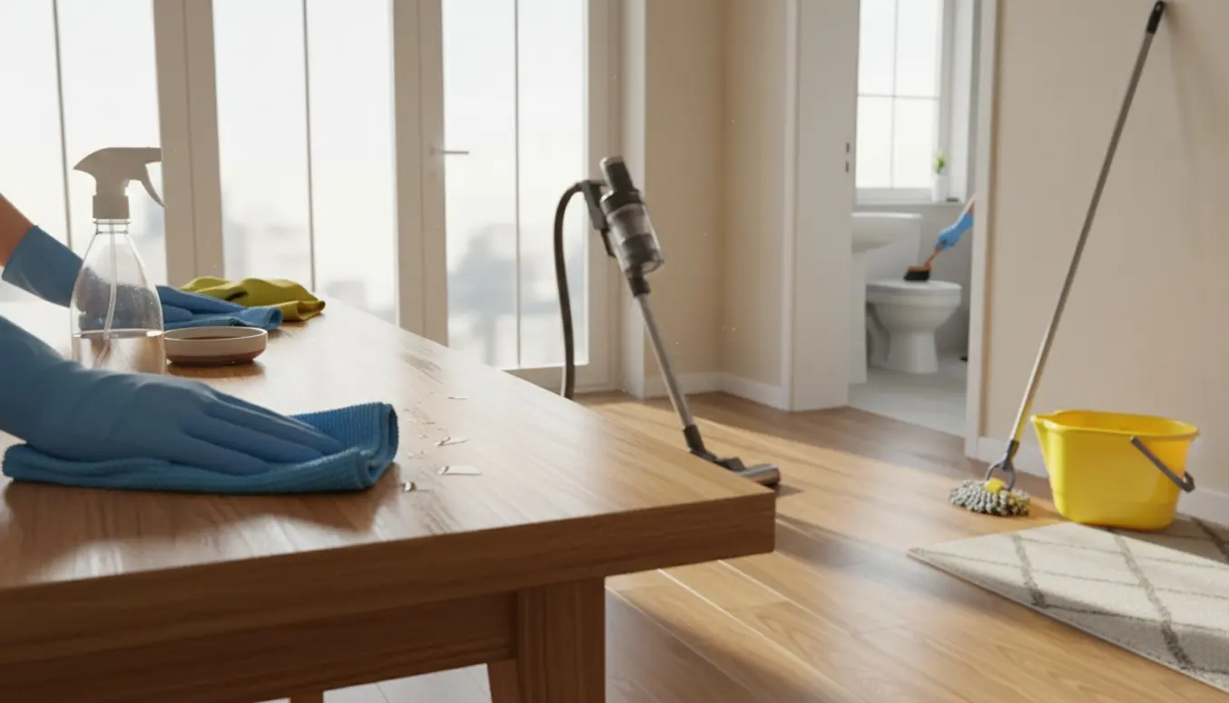 Hænder i gummihandsker tørrer en bordplade i en lys lejlighed med støvsuger og moppe i baggrunden.