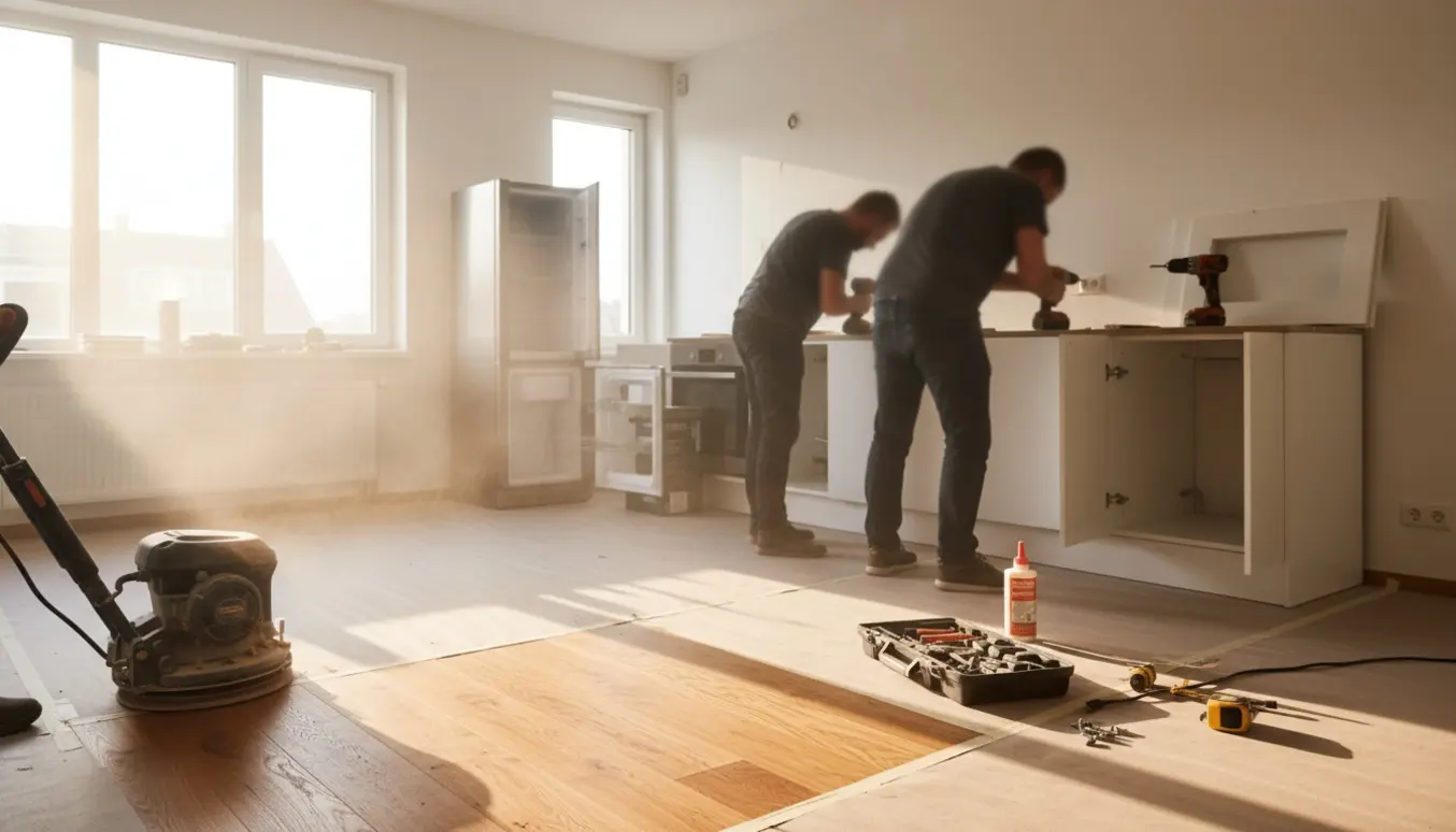 Nyt køkken monteres og gulv afslebes i en lys, åben lejlighed med værktøj og håndværkerhænder i fokus.
