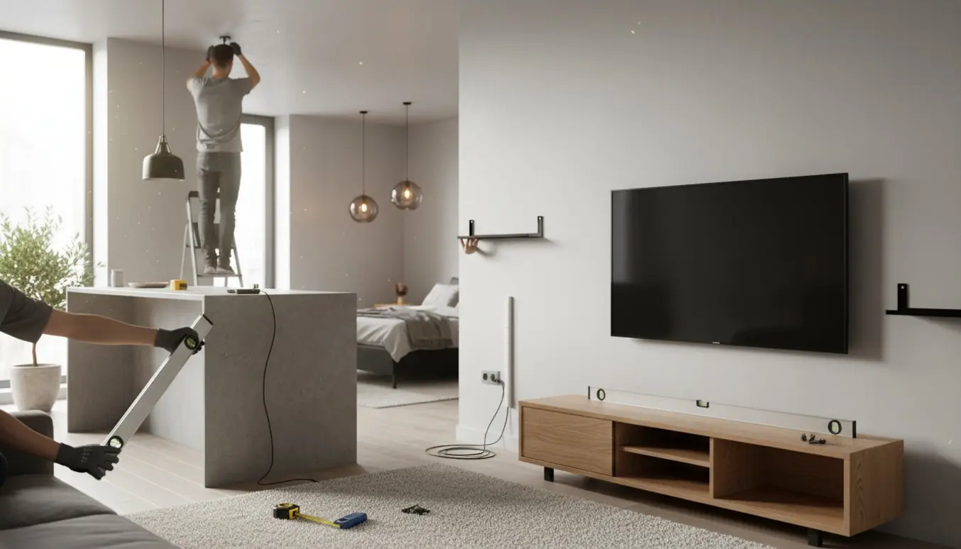 Håndværker på en stige monterer en pendel, mens TV, hylde og værktøj er klar i en lys lejlighed.
