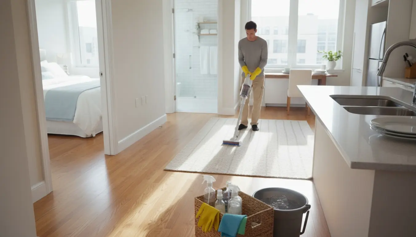 Solrigt interiør med rengøringsvogn og en person set bagfra, der støvsuger et nyrengjort opholdsrum.