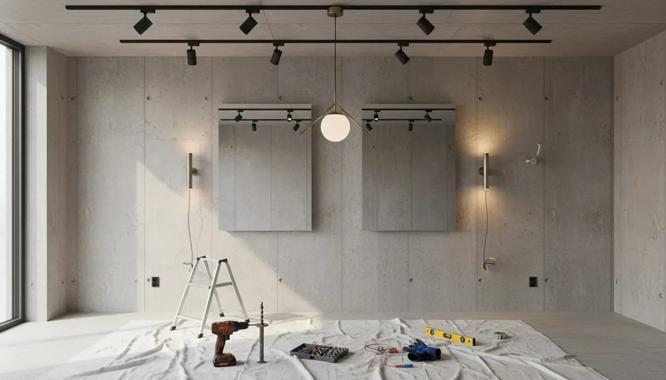 Ny betonvæg med lamper, spejle og knage under installation, værktøj i forgrunden.