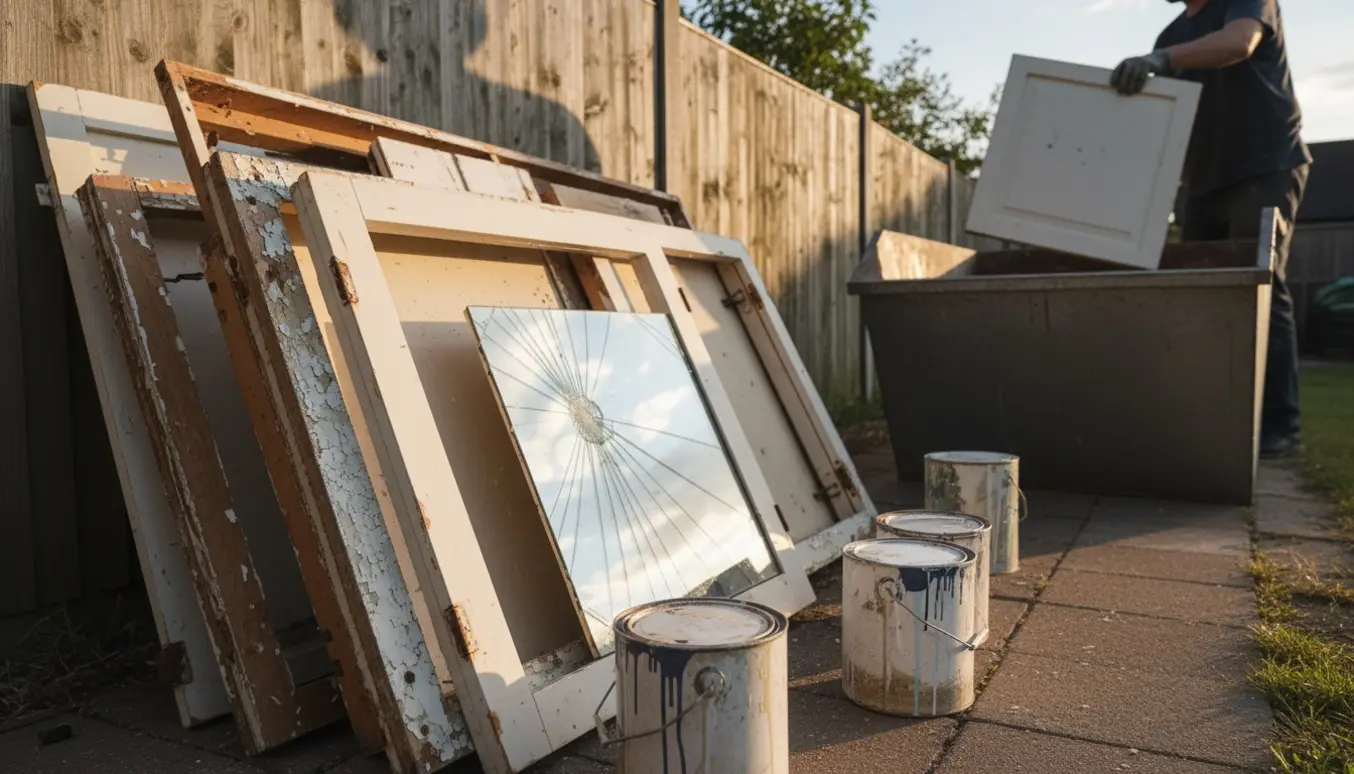 Haveoprydning med udtjente skabe, døre, malerbøtter og et knust spejl klar til bortskaffelse.