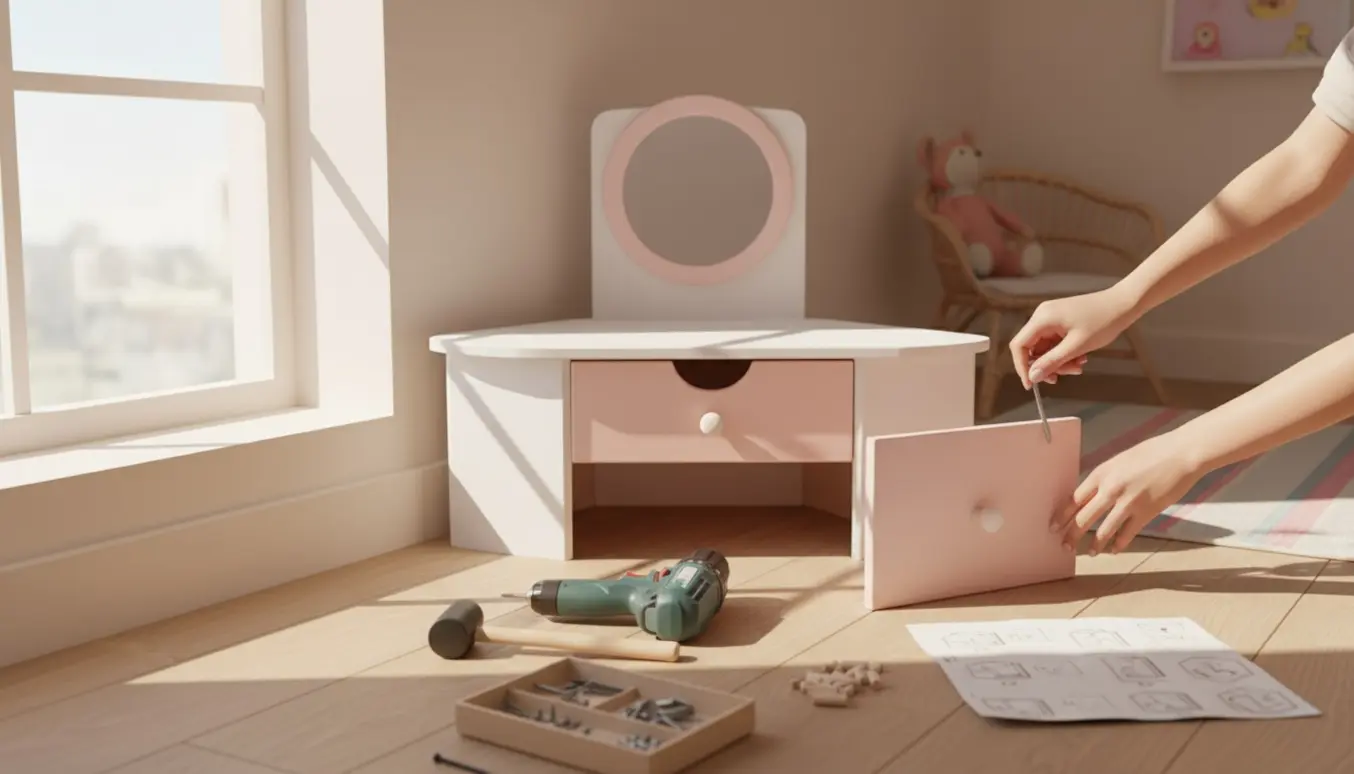 Hænder samler et hjørne-sminkebord til barn i et lyst børneværelse med værktøj og ubrandede trædele.