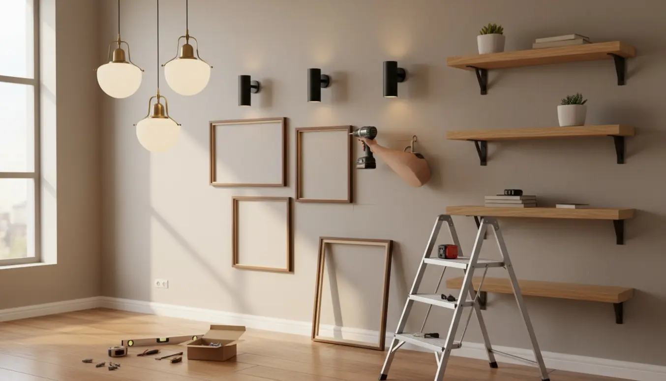 Hænder og værktøj monterer lamper, billeder og hylder på en stuevæg med to loftslamper, tre væglamper og flere hylder.