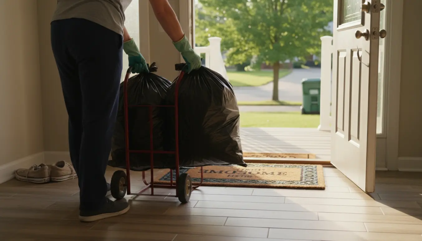 En kvinde uden synligt ansigt trækker store sorte skraldesække på en trille ud ad en åben hoveddør på en solrig dag.