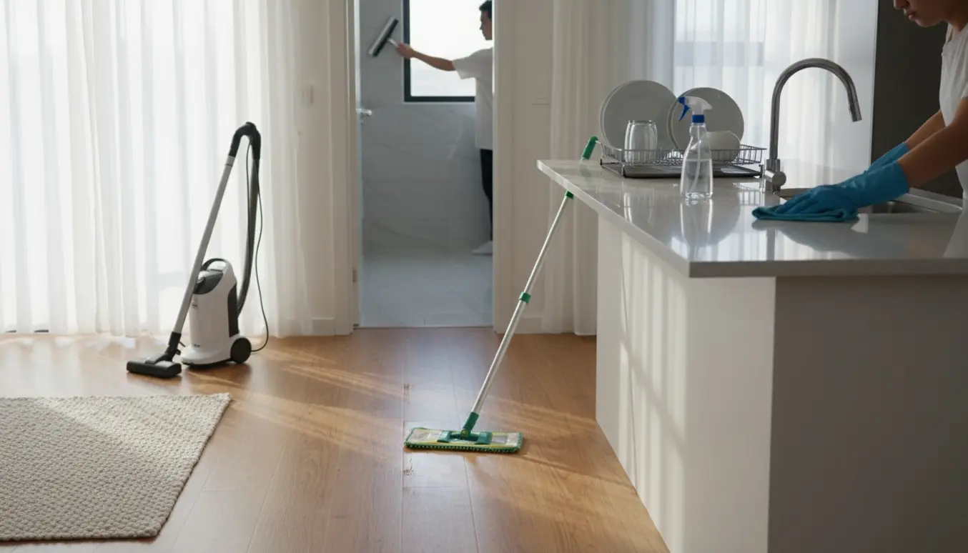 Hænder vasker gulvet i en lys treværelses lejlighed med støvsuger og rengøringsudstyr i baggrunden.