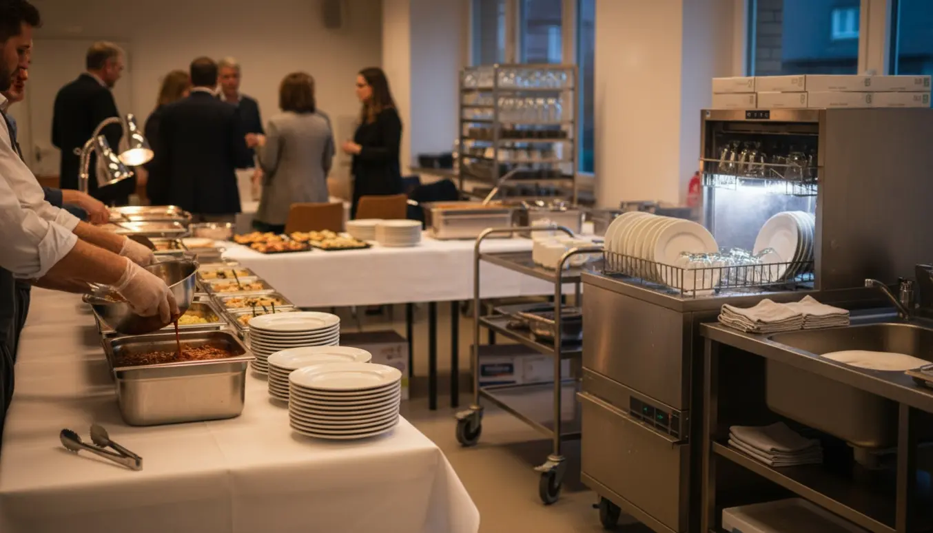 Hænder fylder en buffet op og sænker en lastet metalrække ind i en åben industriopvaskemaskine ved en 40-års fest.