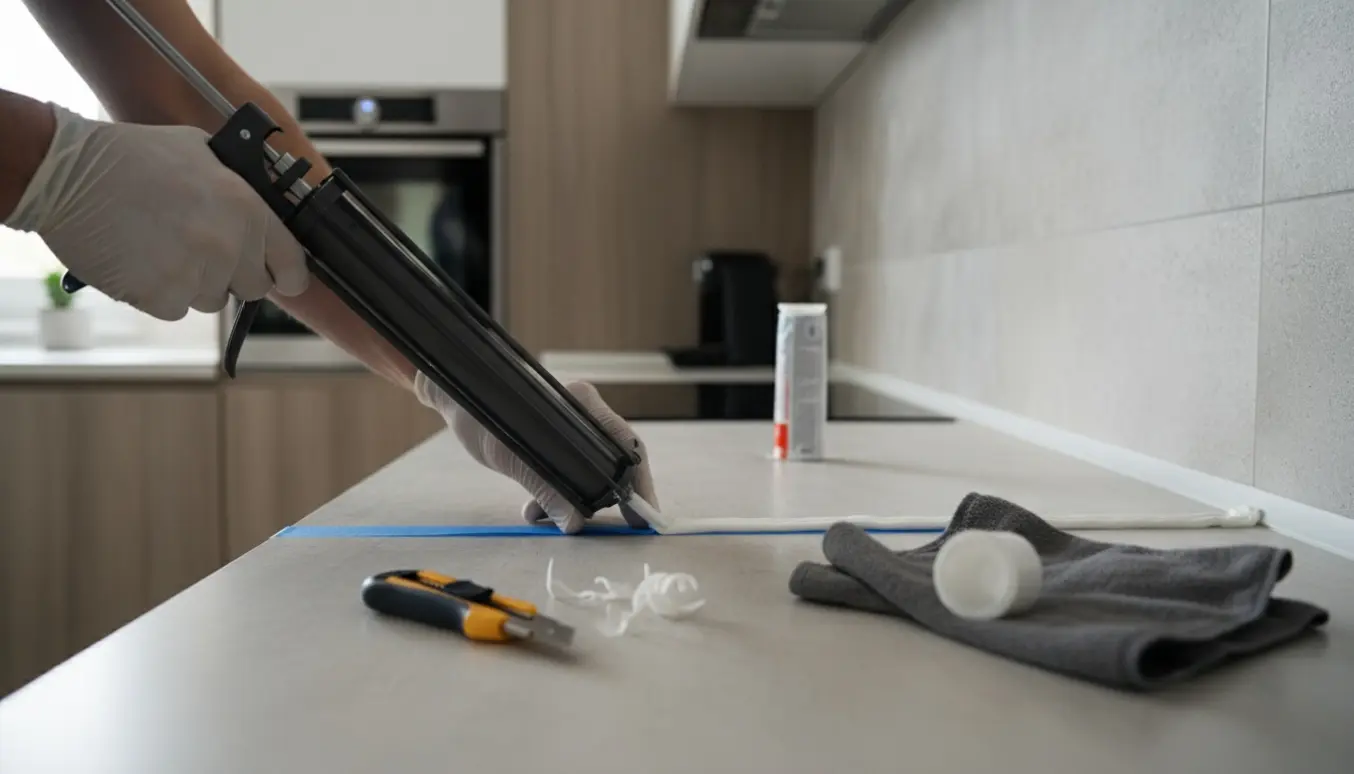 Håndværker udskifter og glatter en hvid fuge langs en køkkenbordplade med fugepistol og glatteværktøj.
