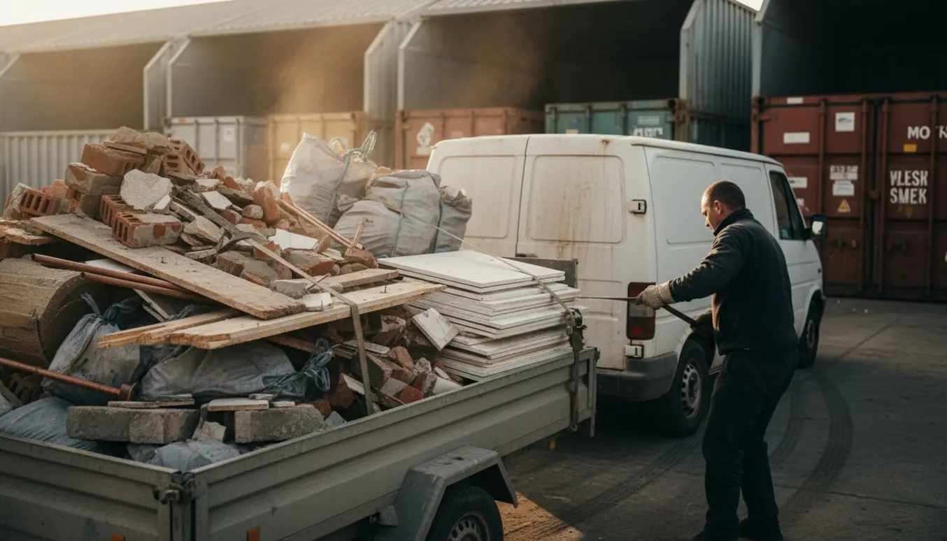Vogn med byggeaffald på genbrugspladsen, en person læsser materialer med handsker.
