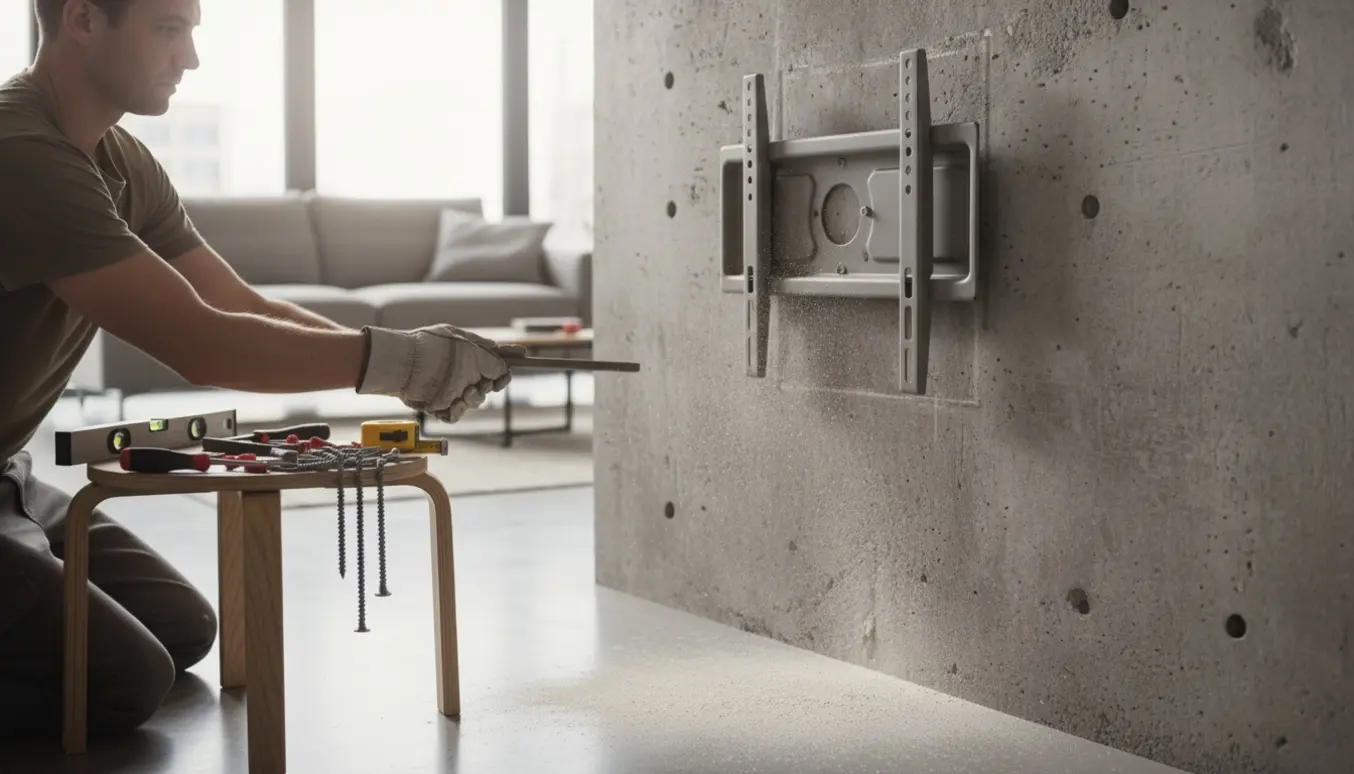 En håndværker monterer et TV-beslag på en hård betonvæg med fire markerede huller og håndværktøj i forgrunden.