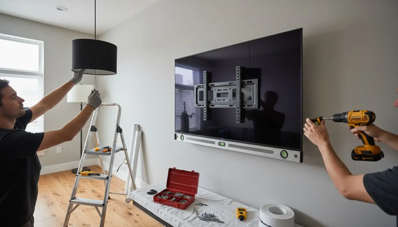 Et stort fladskærms-TV monteres på væggen, mens to pendellamper hænges op i en moderne stue.