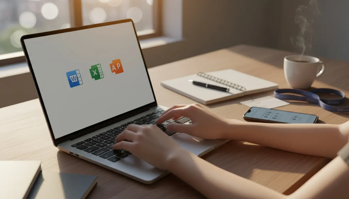 Hjemmekontor hvor en person opsætter en personlig Microsoft/Office-konto ved en bærbar computer, med studiekort liggende til side.