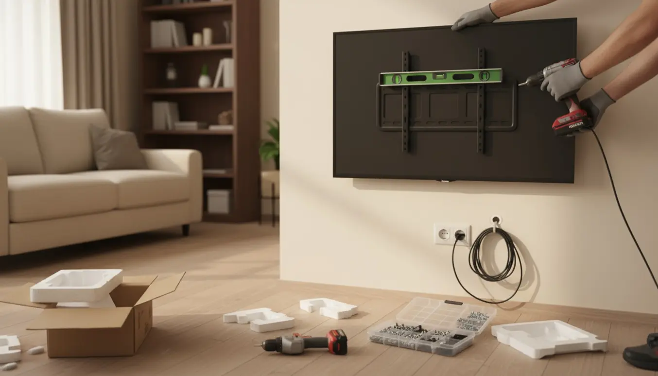 Et 43-tommer fladskærms-tv monteres på en væg med værktøj og åben emballage ved siden af.