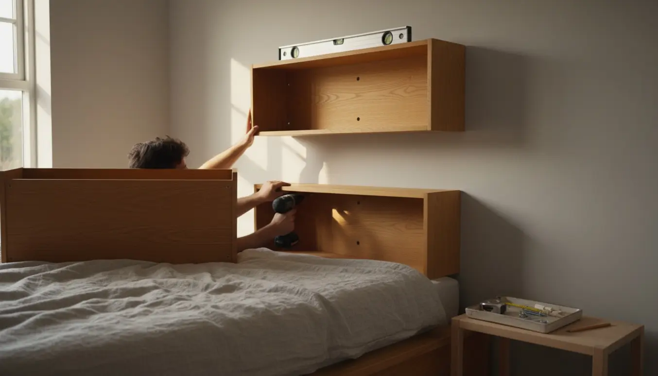 Hænder monterer tre FDB-stil bogkasser på en soveværelsesvæg med bore-/skruemaskine og skruer i en bakke.
