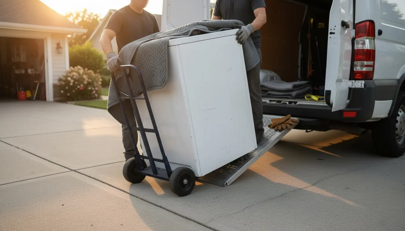 To personer læsser en brugt tørretumbler ind i en varebil på indkørslen.