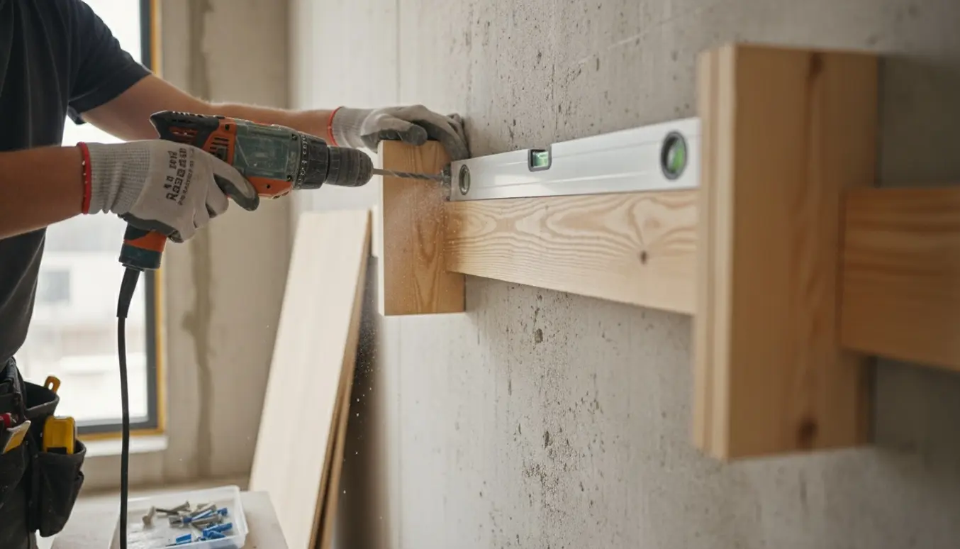 Håndværker monterer træ-kassereoler på en ny betonvæg med boremaskine og beslag.