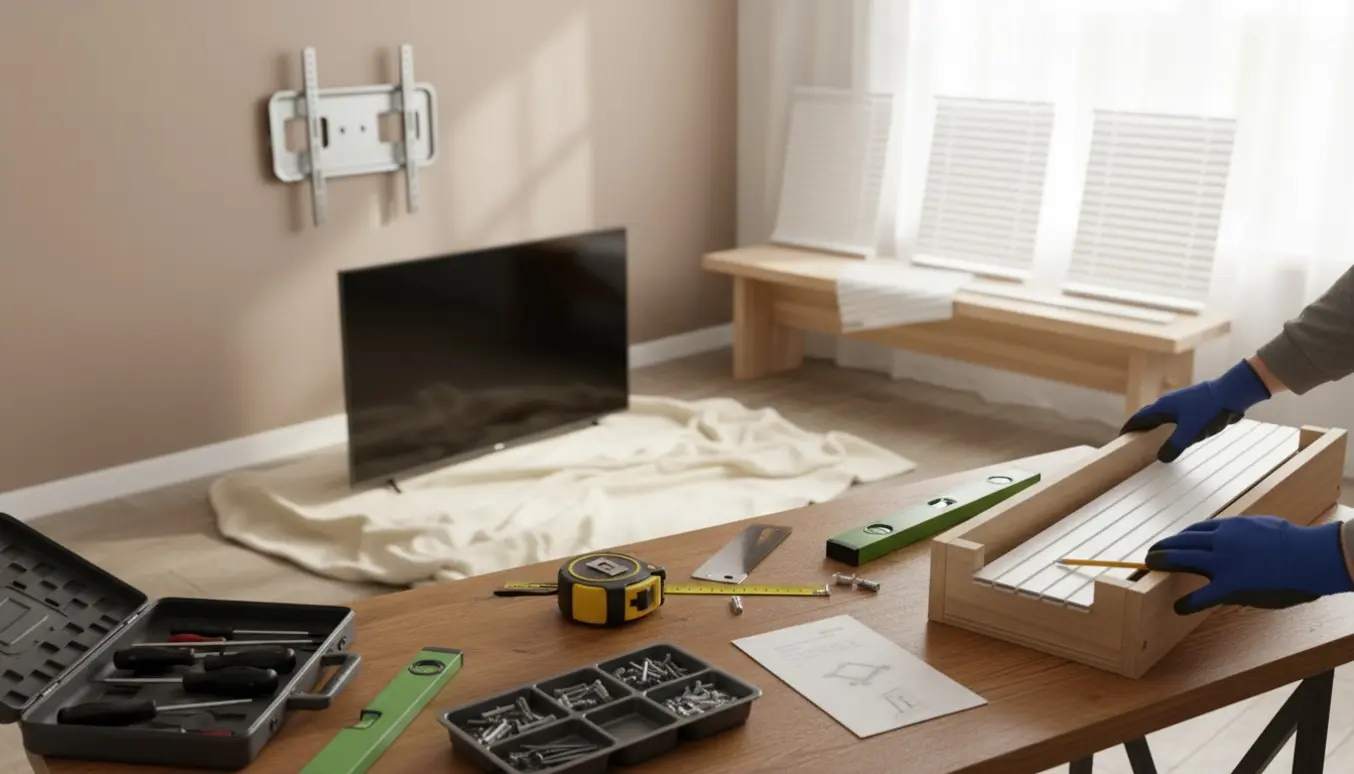 Hænder forbereder ophæng af et 43-tommers TV og afkorter en persienne med håndværktøj.