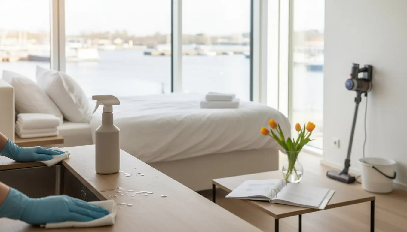 Rengjort moderne Airbnb-lejlighed i Nordhavn med hænder, der pudser køkkenbordet, og en nyopredt seng i baggrunden.
