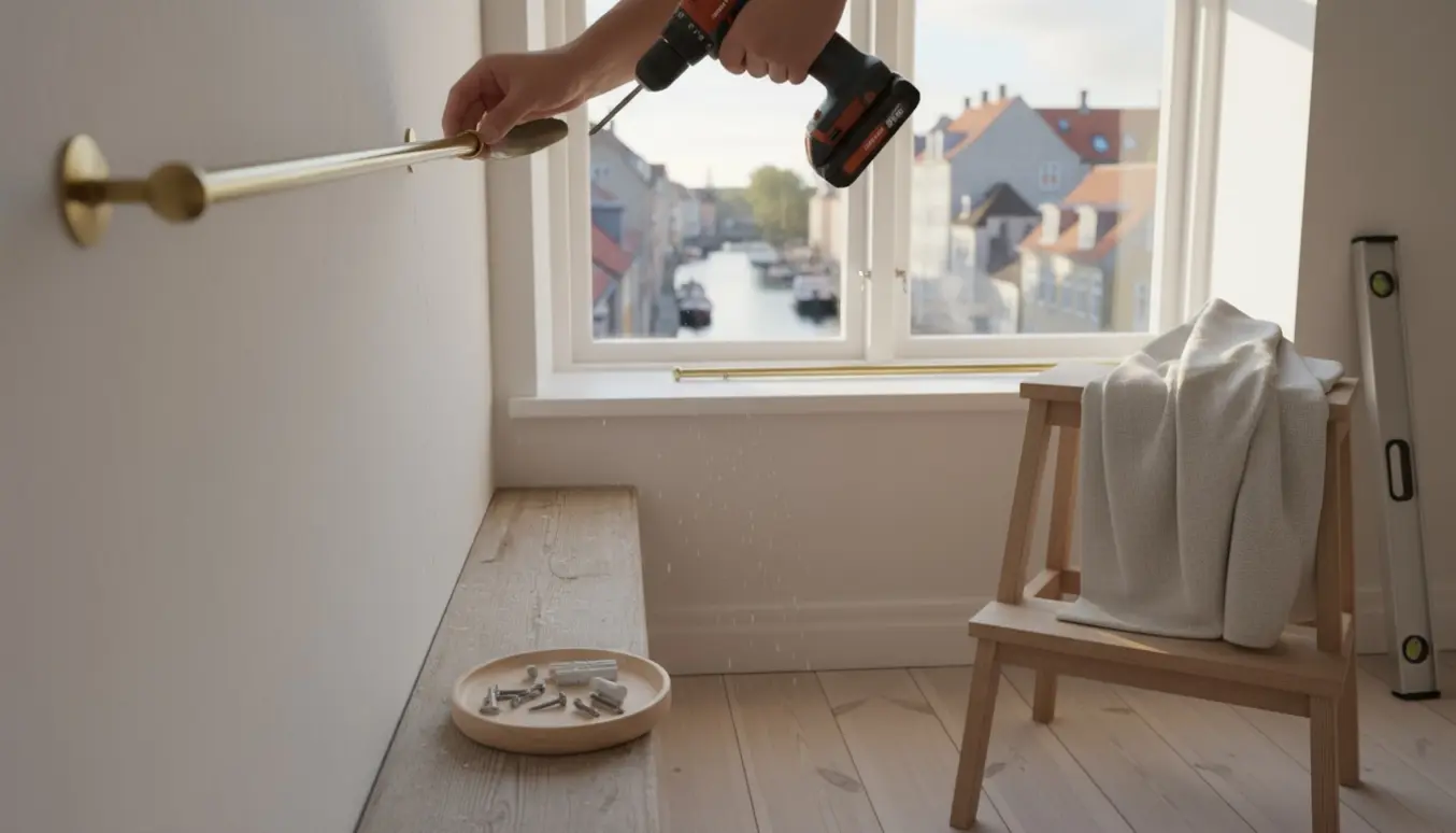 Hænger en gardinstang op i en lys københavnsk lejlighed med skruemaskine og skruer i nærheden.