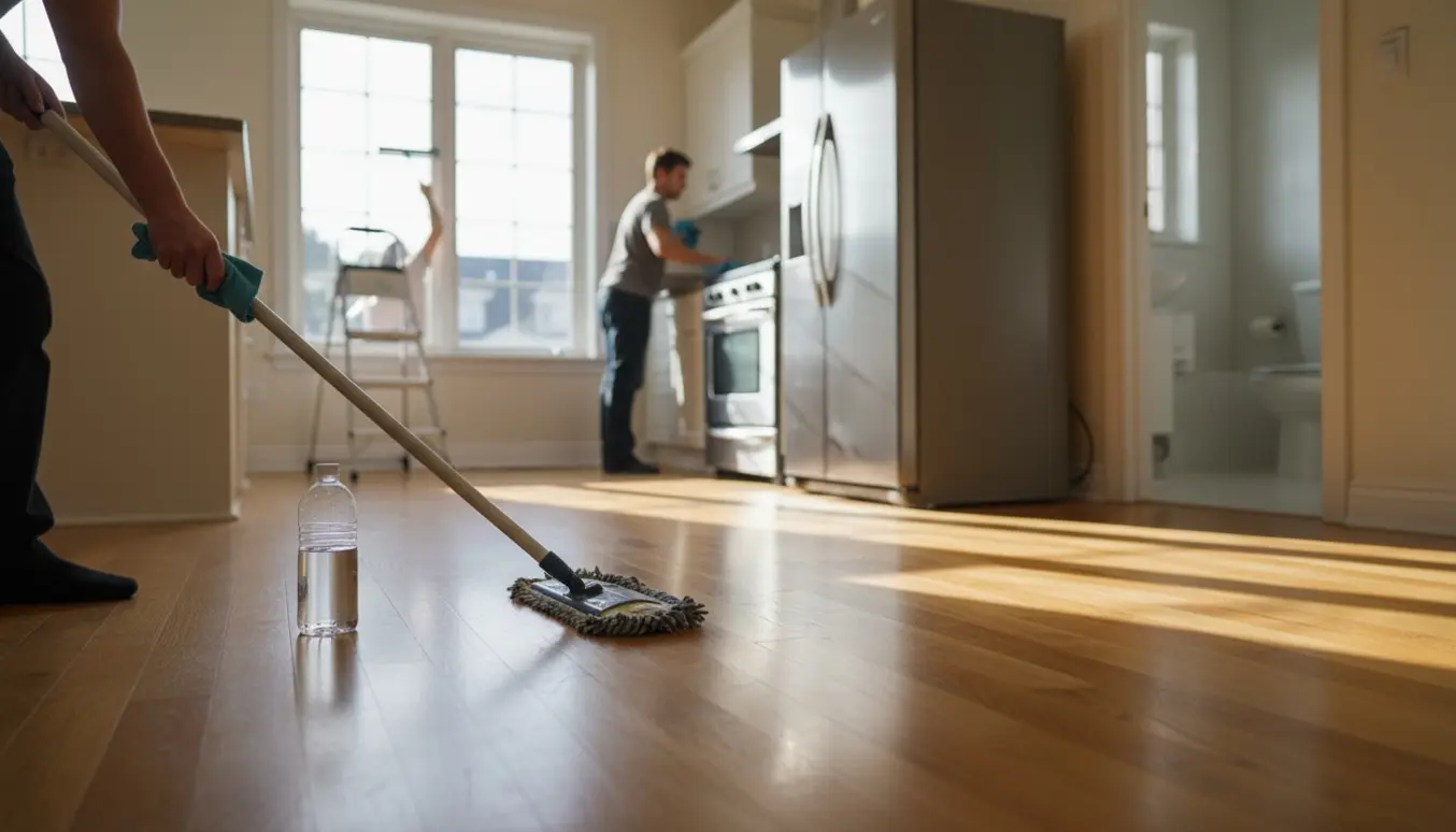 Flytterengøring i rækkehus: trægulv moppes, vindue pudses ude fra og hårde hvidevarer tørres af.