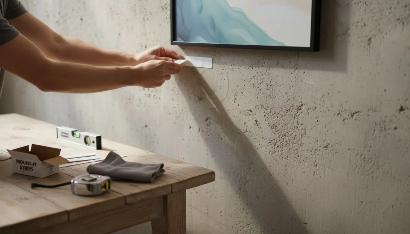 Hænger en indrammet plakat på en rå betonvæg med kraftige klæbestrips uden boreværktøj.