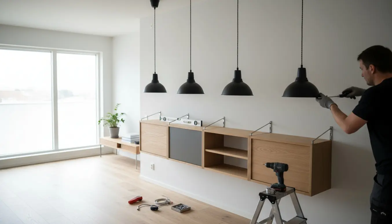 Håndværker monterer tre pendler og en Montana-væghylde i en lys, nordisk stue.