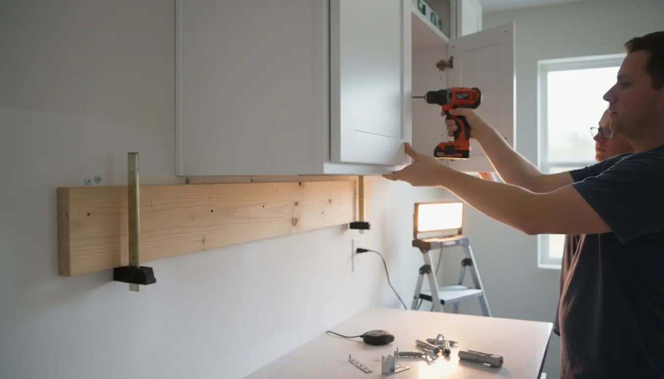 Et øverste køkkenskab monteres på en midlertidig træskinne med skruer og beslag, hænder men ikke ansigter synlige.