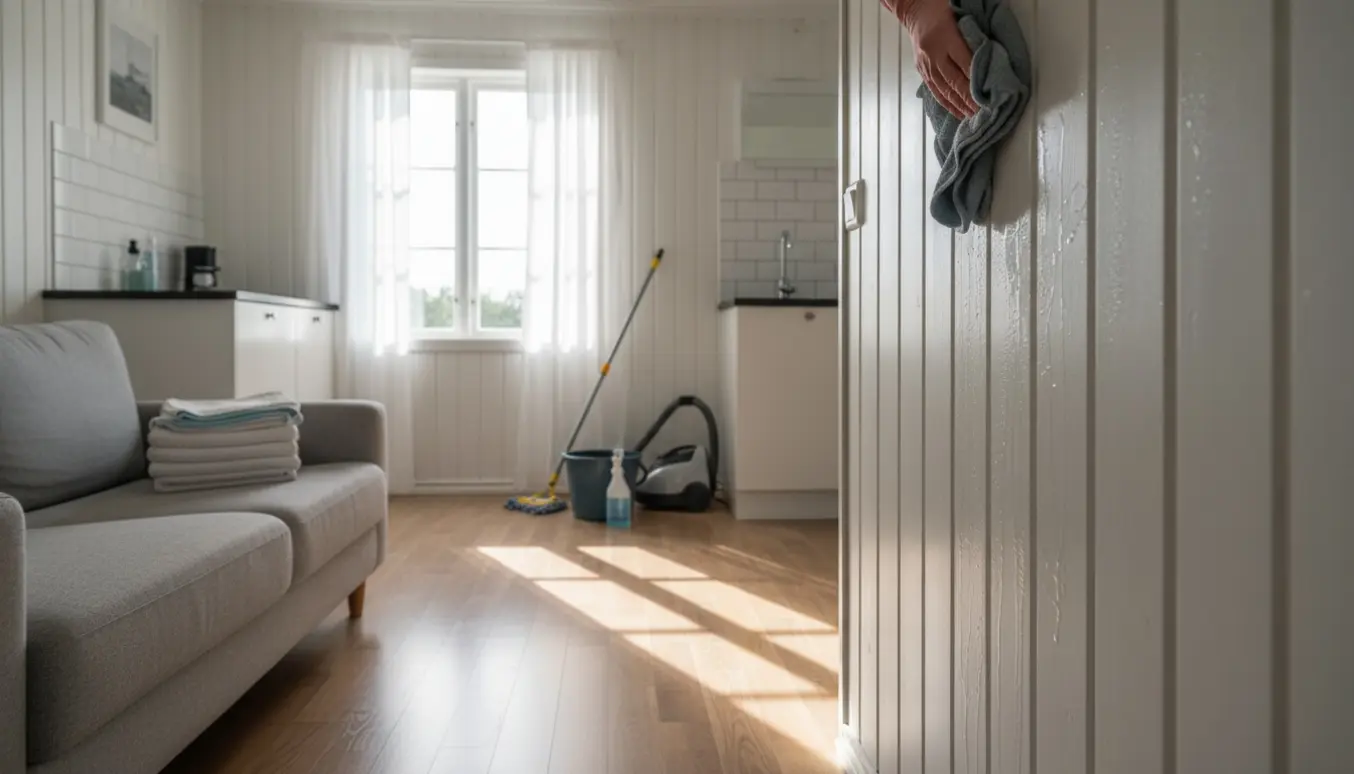 Hænder vasker træpaneler i et lyst og ryddeligt sommerhus med rengøringsudstyr i forgrunden.