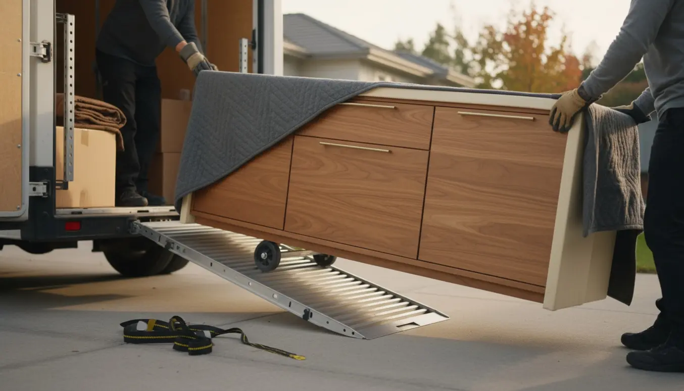 En lang træskænk pakket i flyttetæpper løftes ind i en varevogn på en oplyst indkørsel.