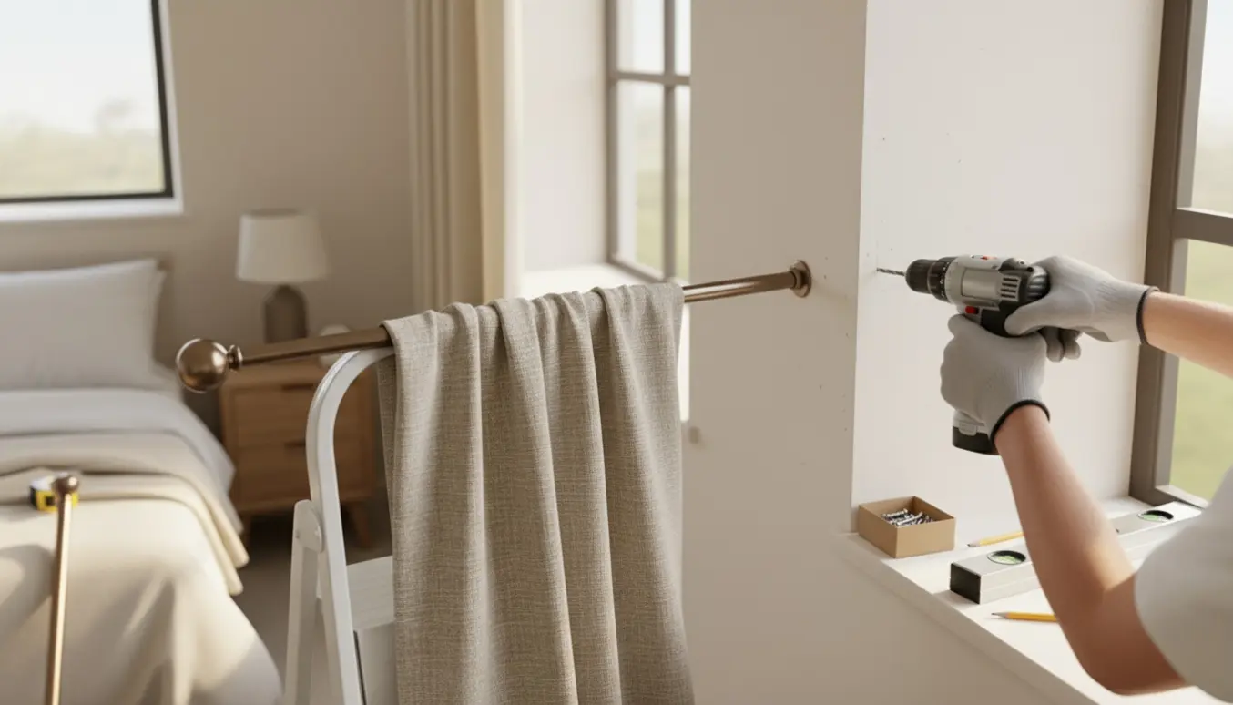 Nogen monterer en gardinstang ved et vindue med værktøj og gardin klar til ophæng.