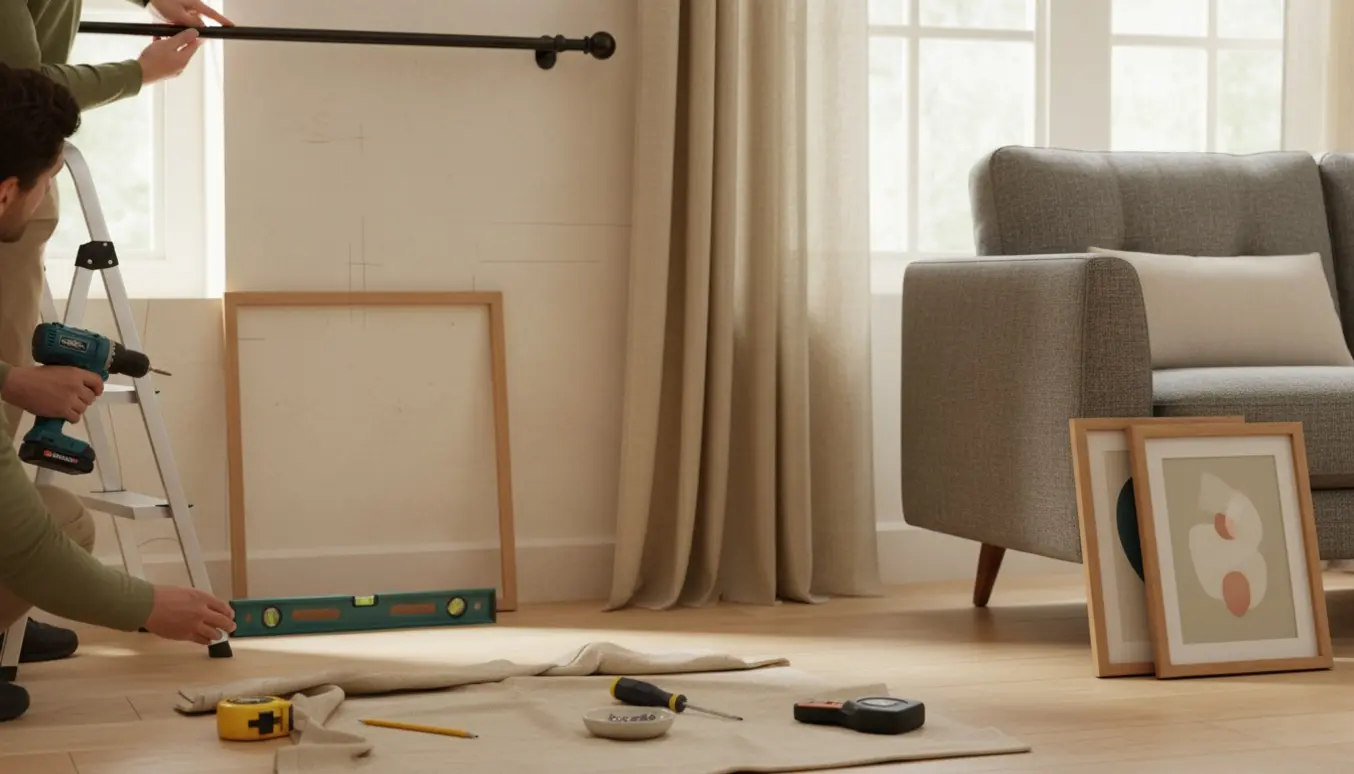 En hånd sætter en gardinstang op ved et vindue, mens billeder hænges på en neutral væg i blødt dagslys.