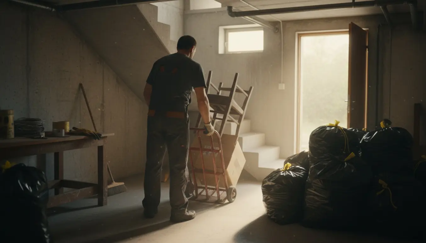 En person læsser kasser og sække op i en kælder under hovedtrappen i blødt dagslys.