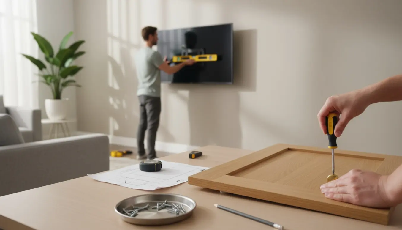 Hænger et TV op på væggen, mens nye greb monteres på en skabslåge i et lyst, moderne rum.