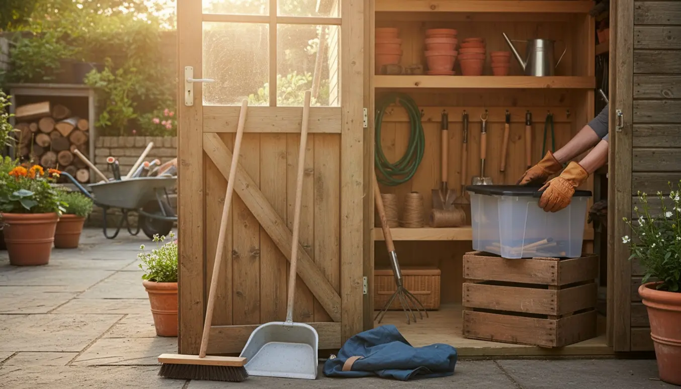 Åbent 10 m² skur med organiserede kasser og haveredskaber, mens hænder rydder op.