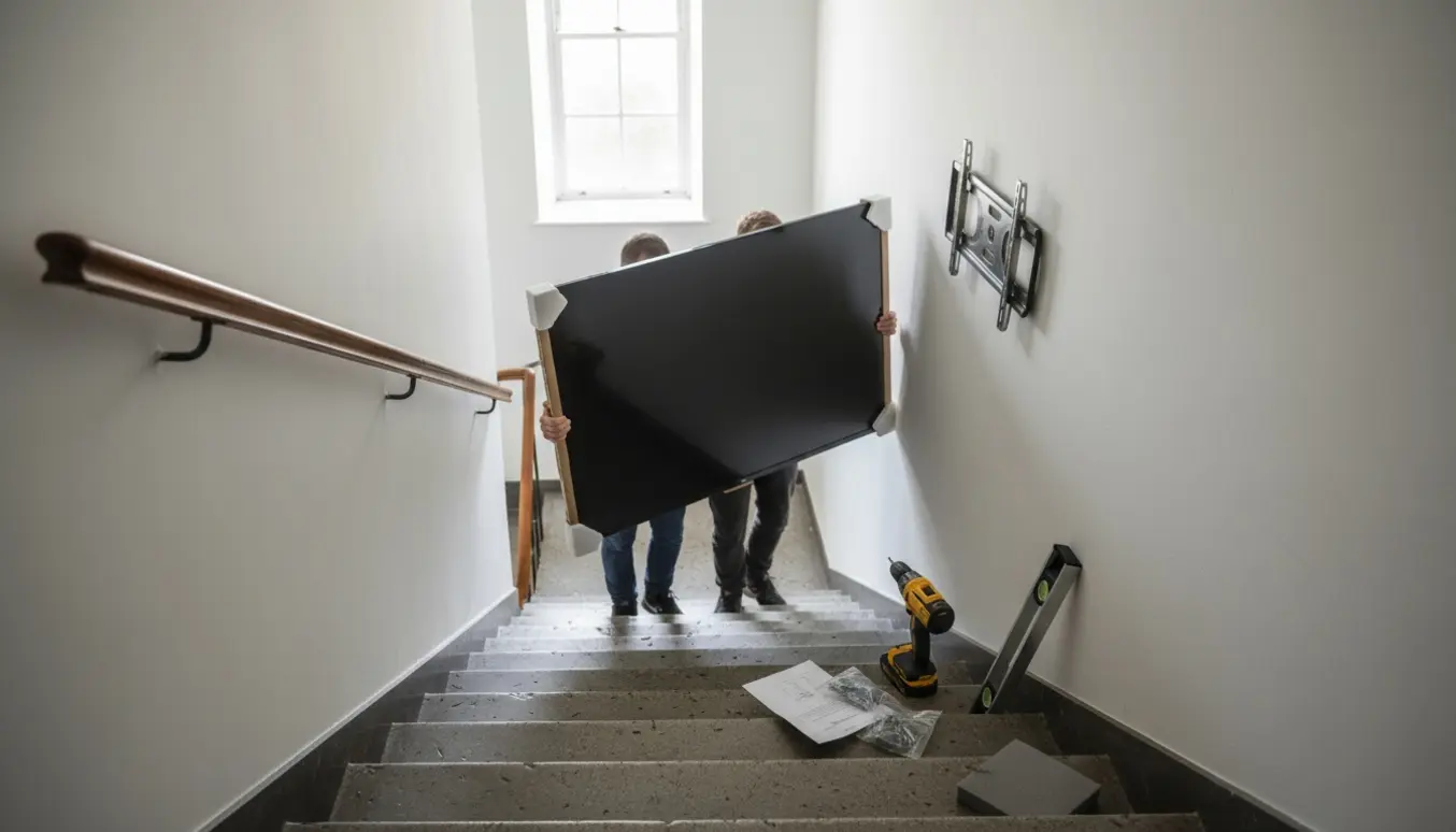 To personer løfter et fladskærms-TV op ad en trappe mod en vægmontering på 3. sal.