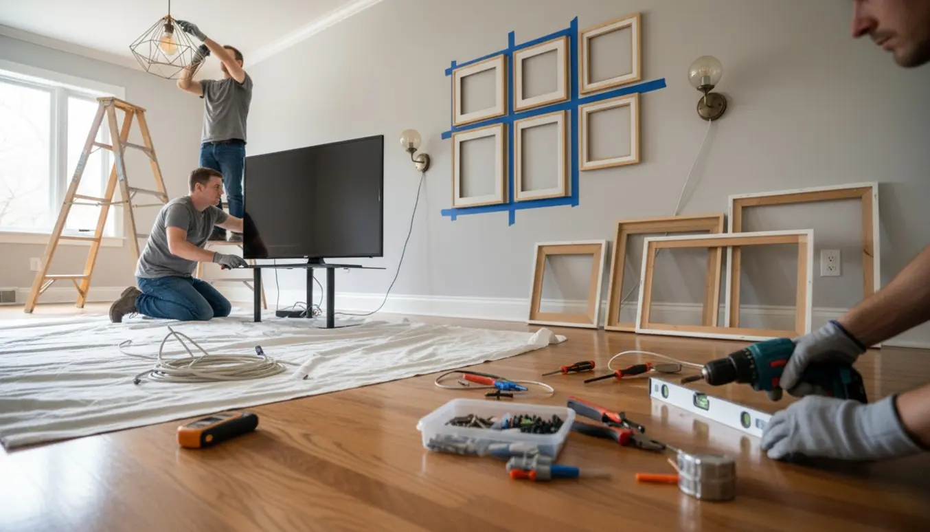 En håndværker monterer loftslampe, fire væglamper, hænger billeder og sætter en TV-fod op i en lys stue.