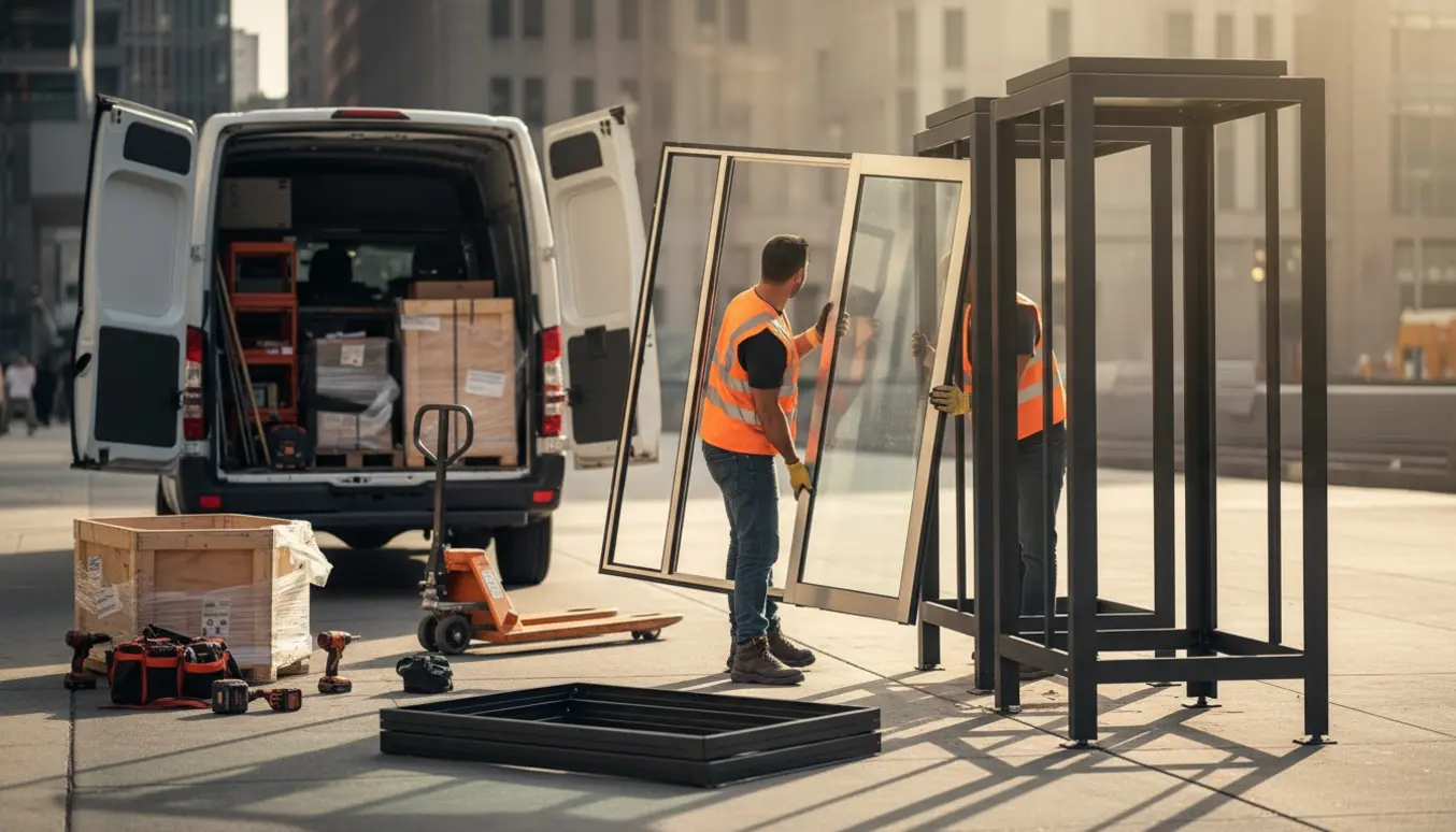 Montører i refleksveste bærer en glas- og metalplade til en telefonboks fra en åben varebil på fortovet.