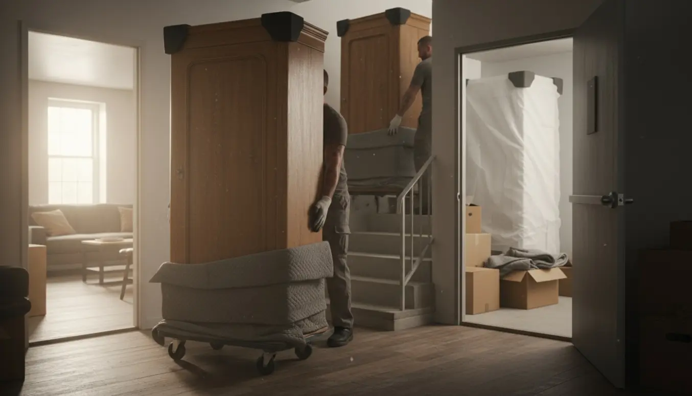 Skabe flyttes fra en lejlighed ned til et kælderrum med sækkevogn og beskyttelsesstæpper.