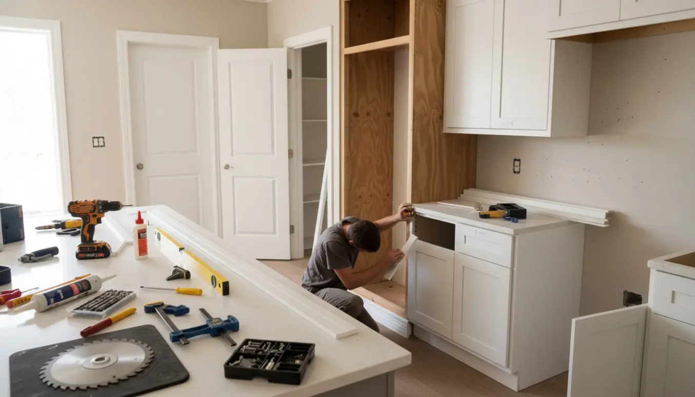 Håndværker monterer fodlister og skabsafslutninger i et lyst køkken med værktøj og døre klar.