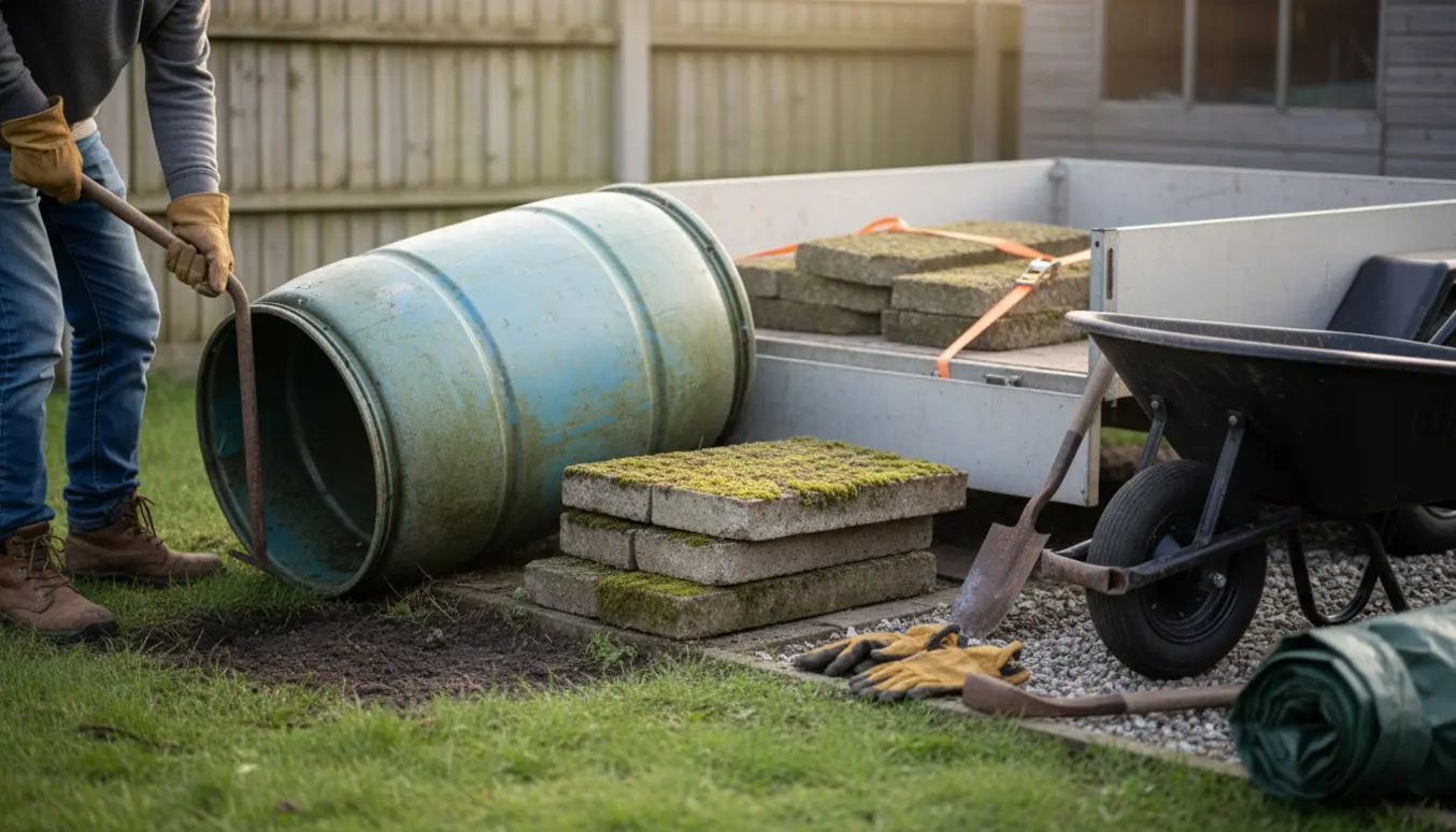 Gammel regnvandstønde og fliser i et havedhjørne klar til bortskaffelse.