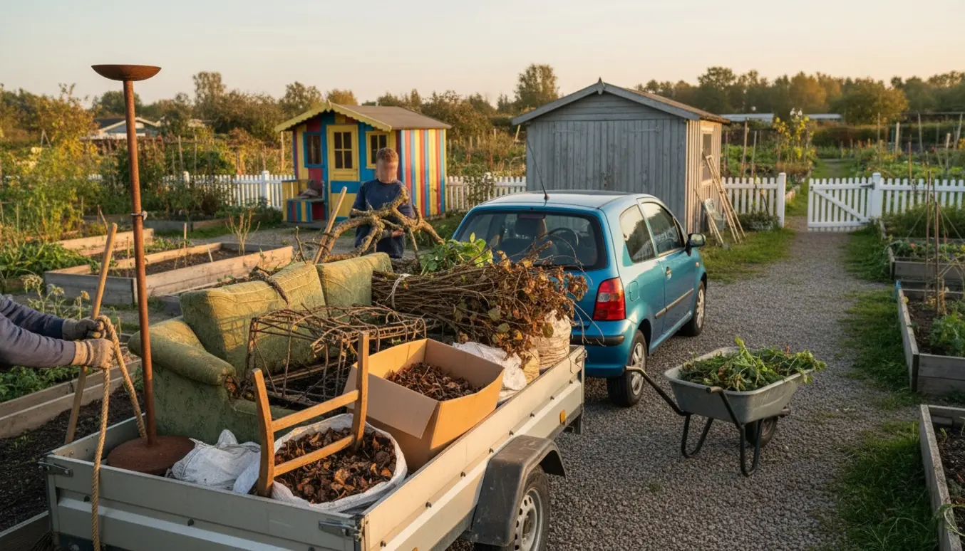 En trailer i en kolonihave fyldt med haveaffald, en gammel sofa og skrammel klar til bortkørsel.