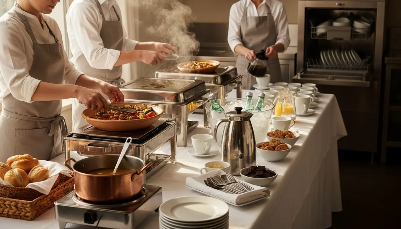Buffetbord til fest med servere, kaffe, suppe, brød og fade, hvor hænder anretter og fylder op.