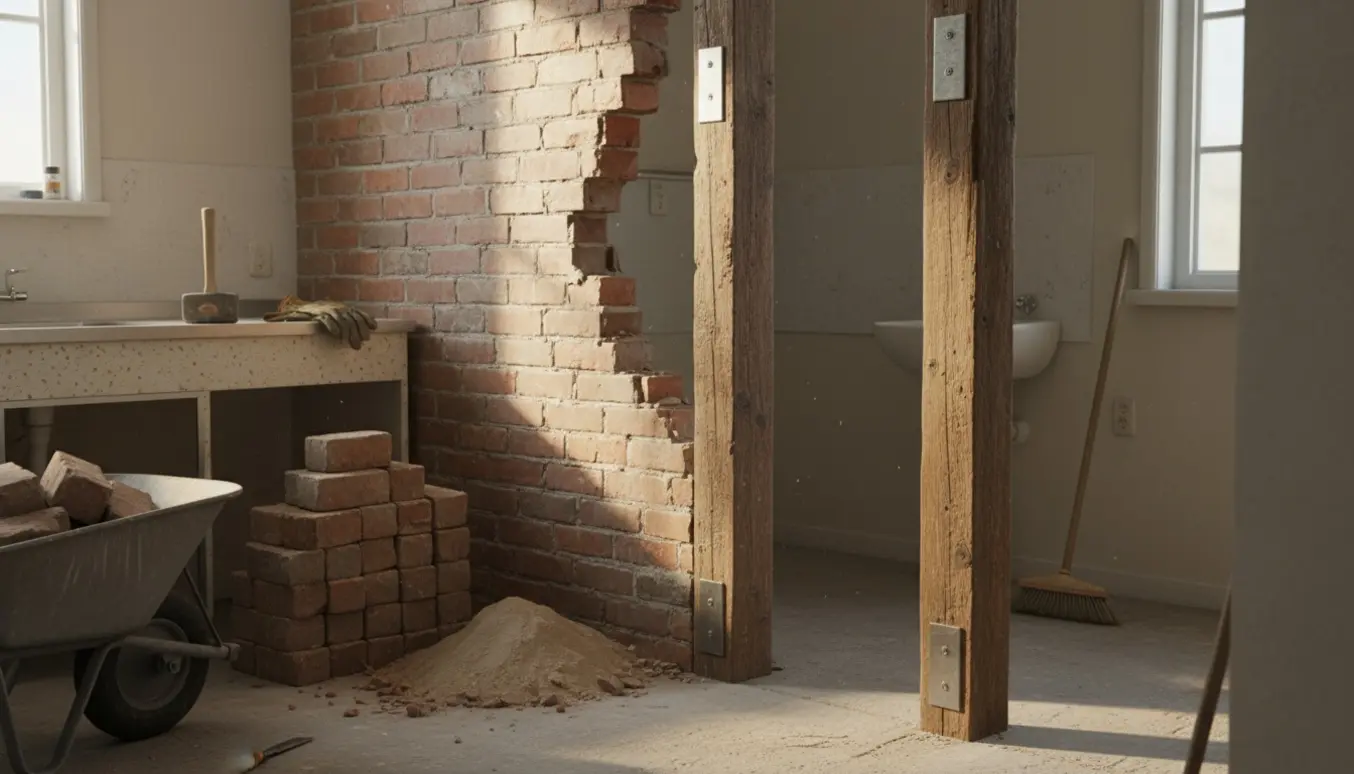 Delvist nedrevet murstensvæg mellem køkken og toilet med to bevarede 4x4 træbjælker og bunker af mursten.