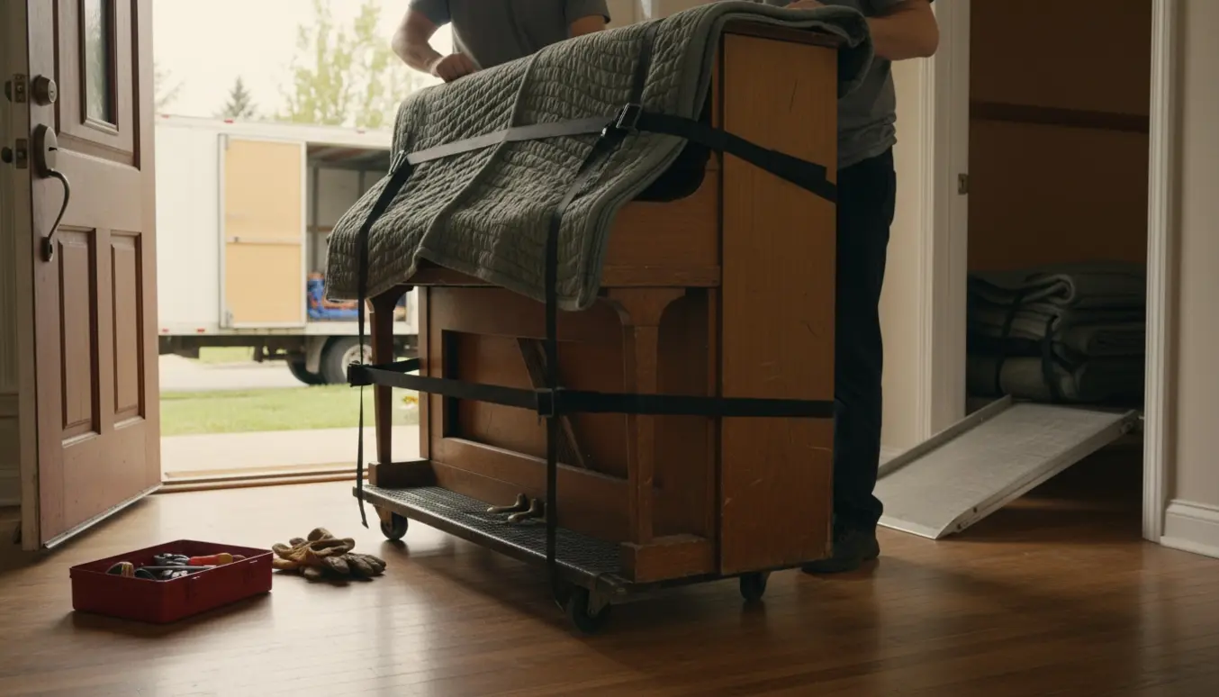 Et indpakket klaver på en flyttedolly ved indgangsdøren, klar til at blive læsset i en varevogn.