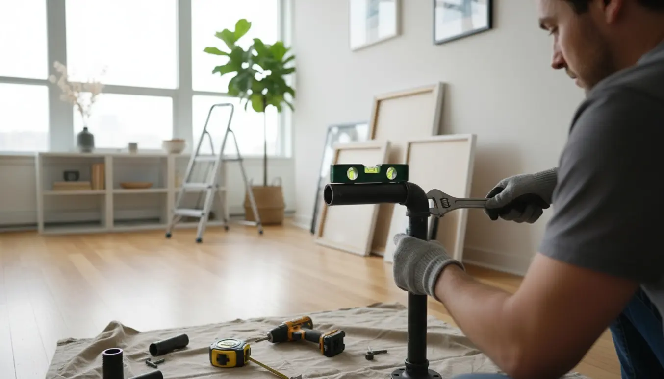 Hænder samler et sort rørstativ til ophængning af billeder i en lys, stor lejlighed.