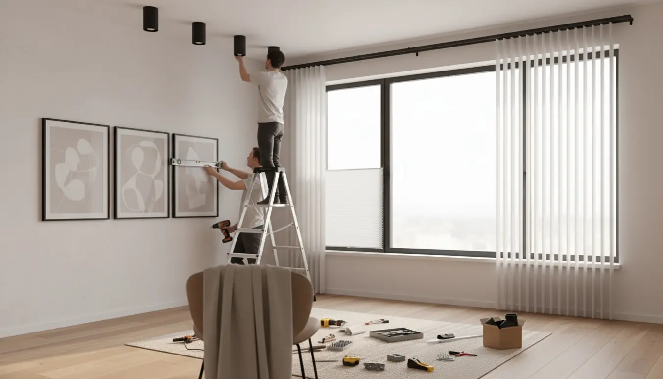 Håndværkere monterer lamper, billeder og gardiner i en lys stue med værktøj samlet på gulvet.