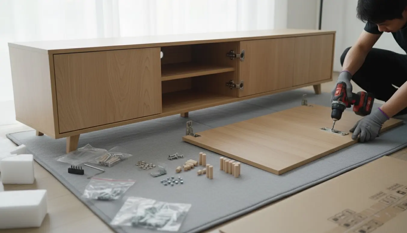 To hænder samler to fladpakkede TV-borde med låger på et lyst værkstedsgulv med værktøj spredt omkring.